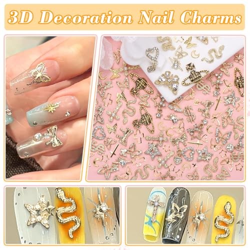 320 Pcs 3D Gold Nail Charms, Cross Snake Star Heart Dangle Nail Gems color-S1