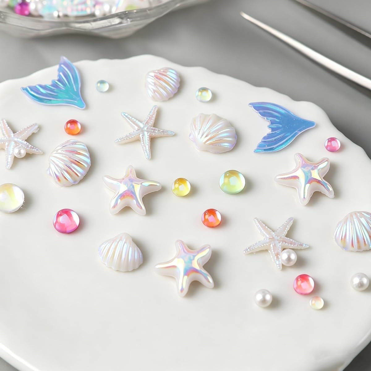 200Pcs 3D Aurora Beach Nail Charms Set Summer Ocean Nail Art Charms with Mermaid