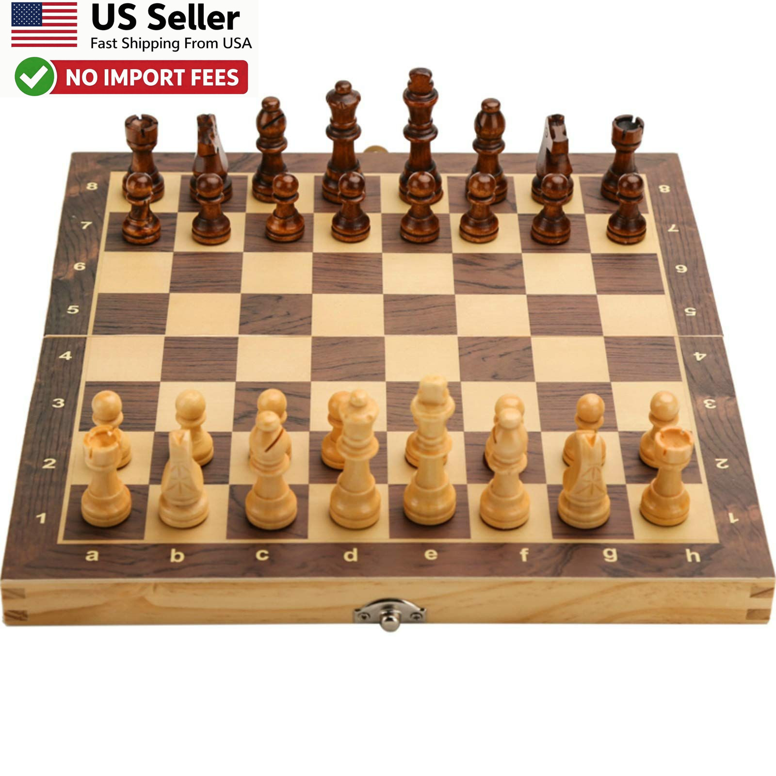 15×15 Magnetic Wooden Folding Chess Set w/ Storage 2 Extra Queens FROM USA