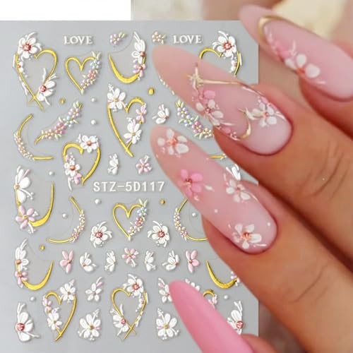 Floral Nail Stickers Gold Heart Nail Decals Spring Nail Art Flower & Heart