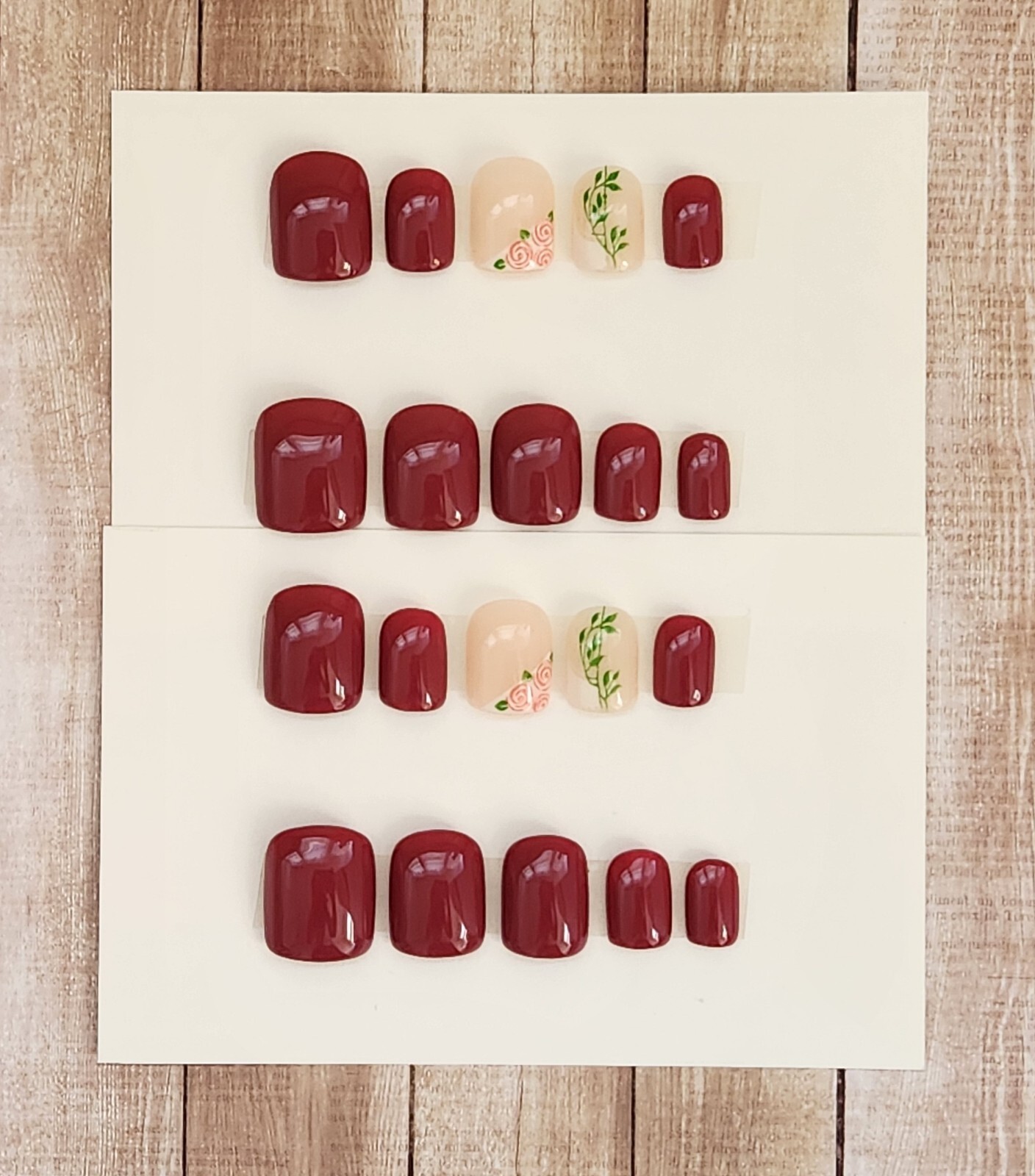 Custom Press On Gel Nails Handmade Pinkish Red Rose Accent Square Short 20 Tips