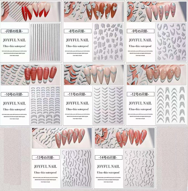 3D French Line Shiny Silver Nail Tip Decals Glitter Diamond Manicure Beauty NS13