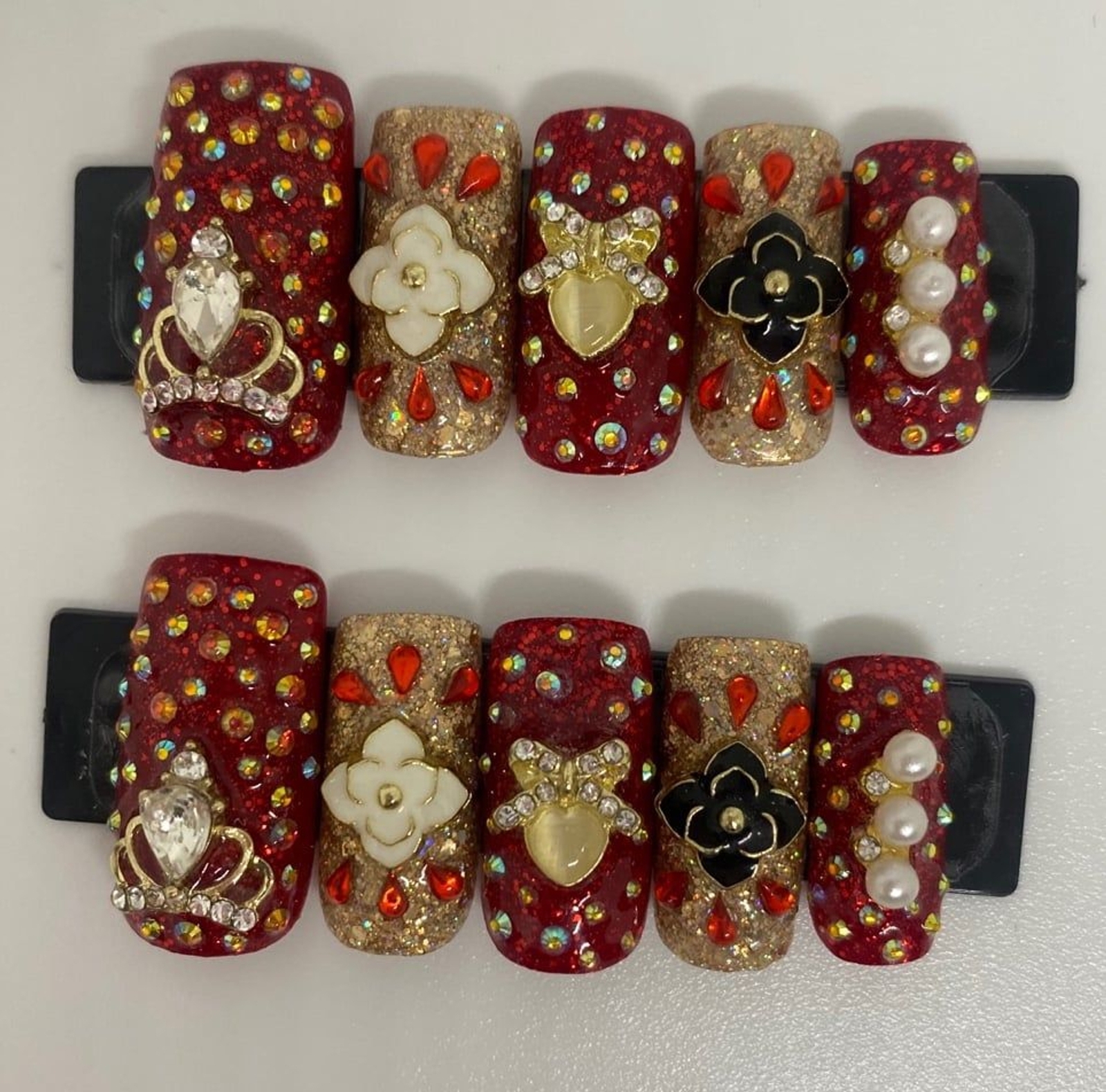 Red, Gold, Black, & White Square Press On Nail Set