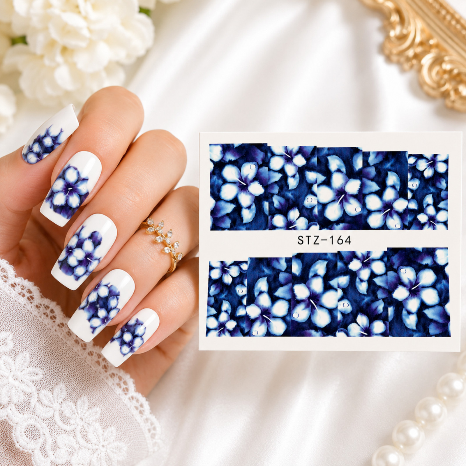 3D Nail blue flower Decor Decal Sticker Art Floral Manicure Gel Acrylic Natural