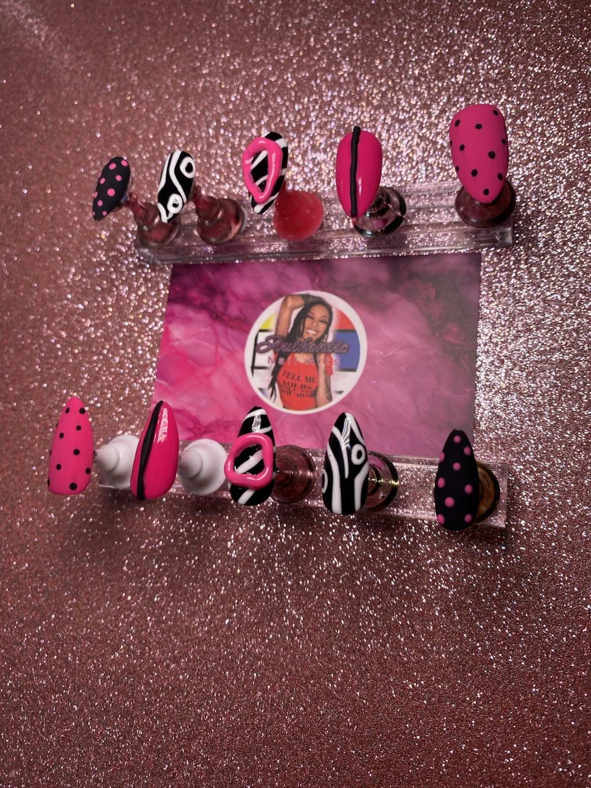 Press-On Nails Short Almond Shape, Almond-shaped Poky Dots. Bright hot pink.