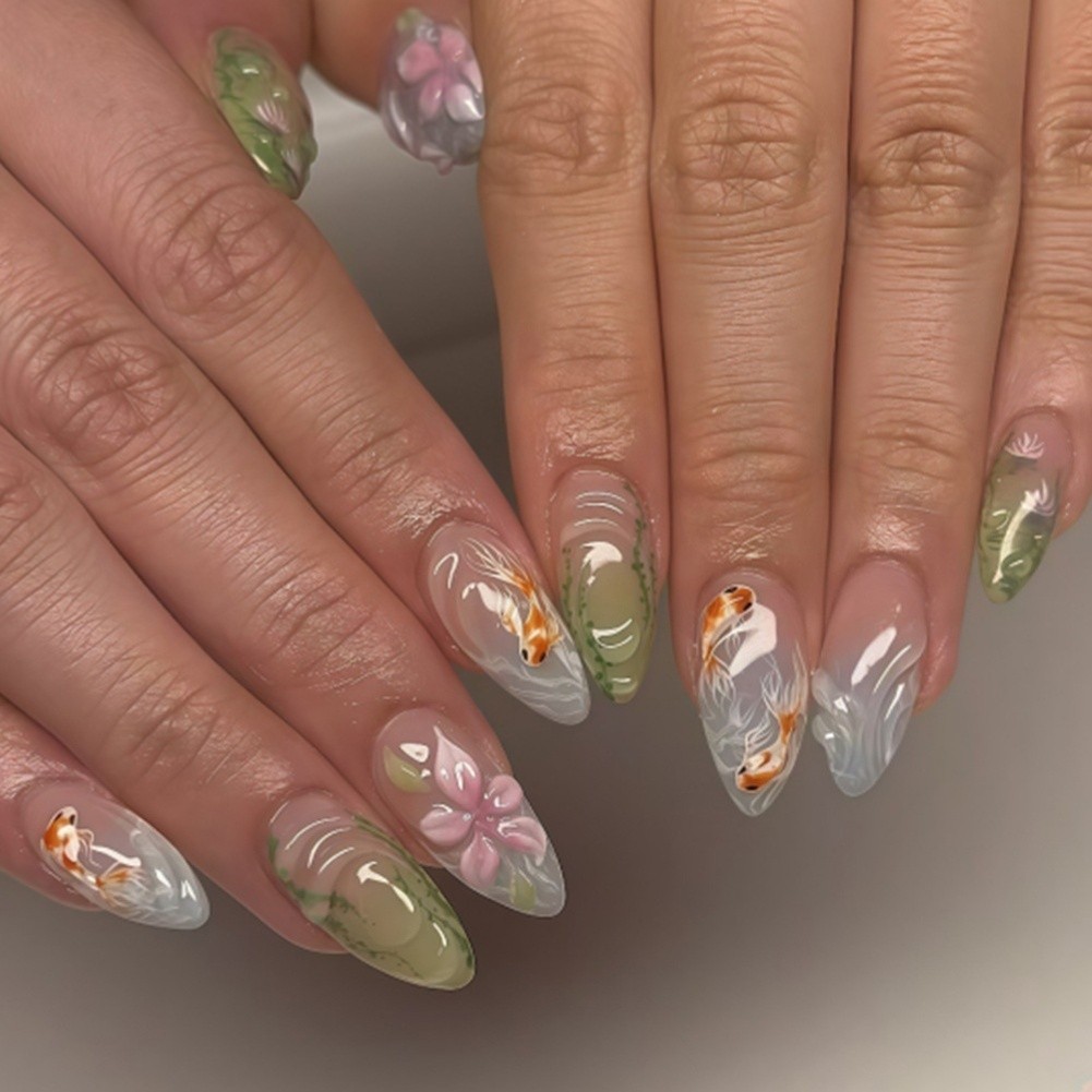 White Almond Press On Nail Stickers 24PCS 3D Floral Goldfish ABS Nail Art