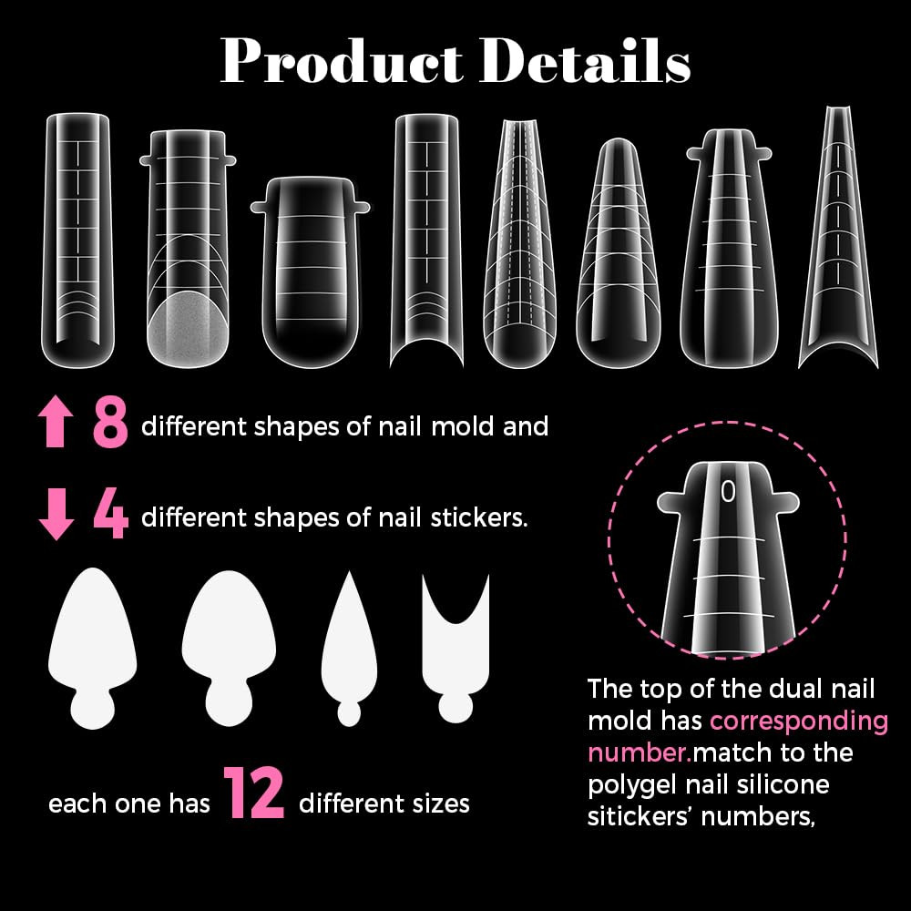 Nail Dual Forms for Poly Gel, 288PCS French Nail Forms, 8 Shapes, 12 Sizes Clear