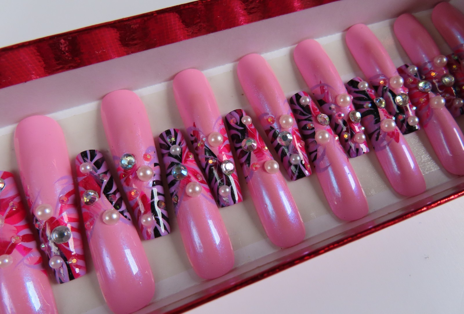 XL Pink Red Purple Black Rhinestone Pearl Abstract Tip Coffin Press On Nails