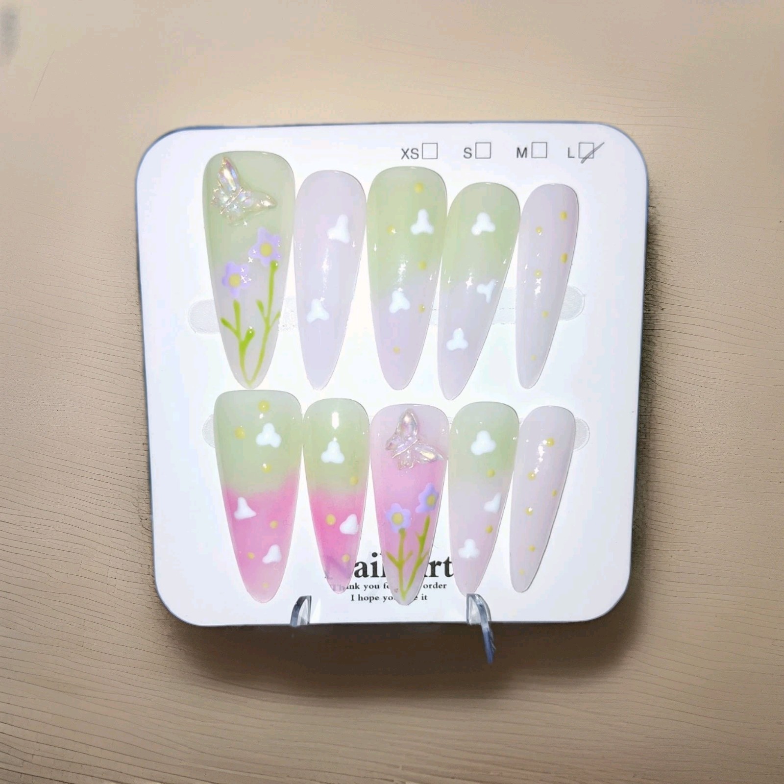 Pink Green Purple Long Coffin 3D Butterfly Flower Press-On Nails Full Cover