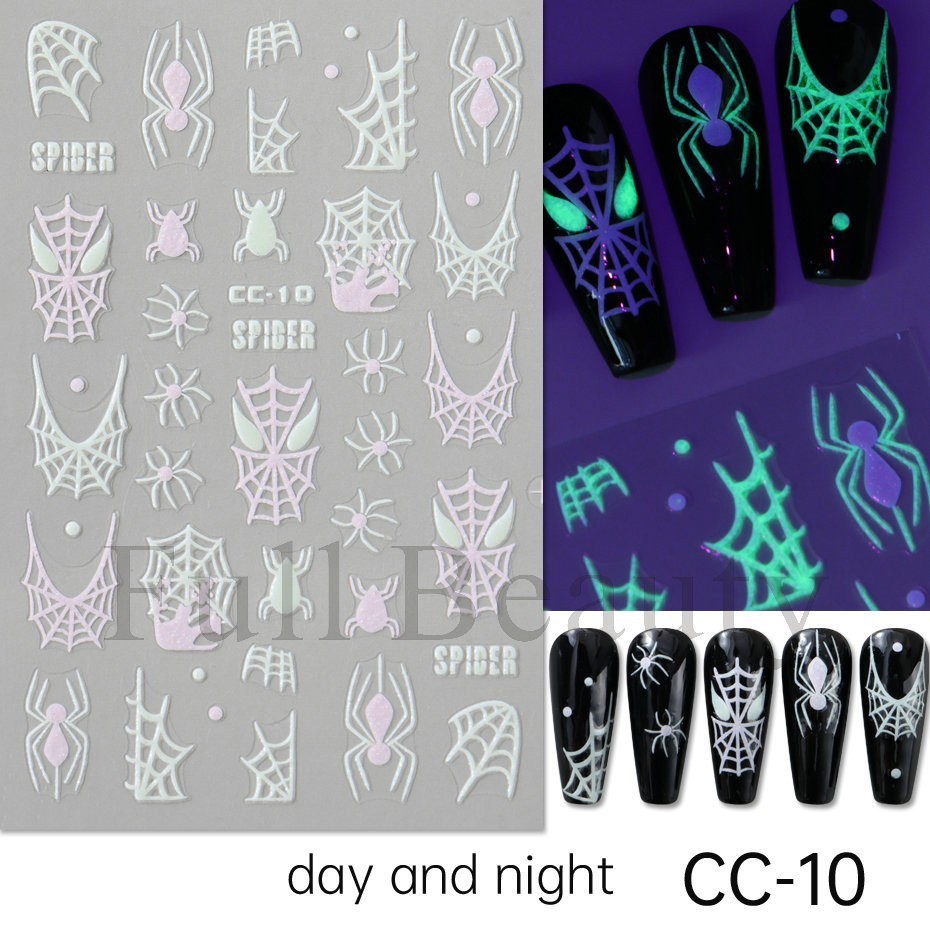 4Pcs Glow in The Dark Halloween Glitter Nail Decals Ghost Spider Web Skull NH30