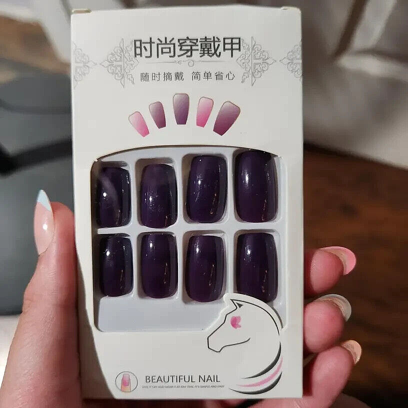 PRESS ON NAILS MANICURE KIT 24 pcs Medium Deep Dark Purple Plum Glossy