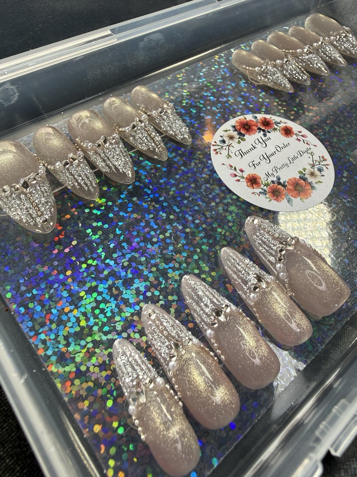 Handmade Press on nails, Silver Glitter Detailing in Long~Includes Free Gifts❣️