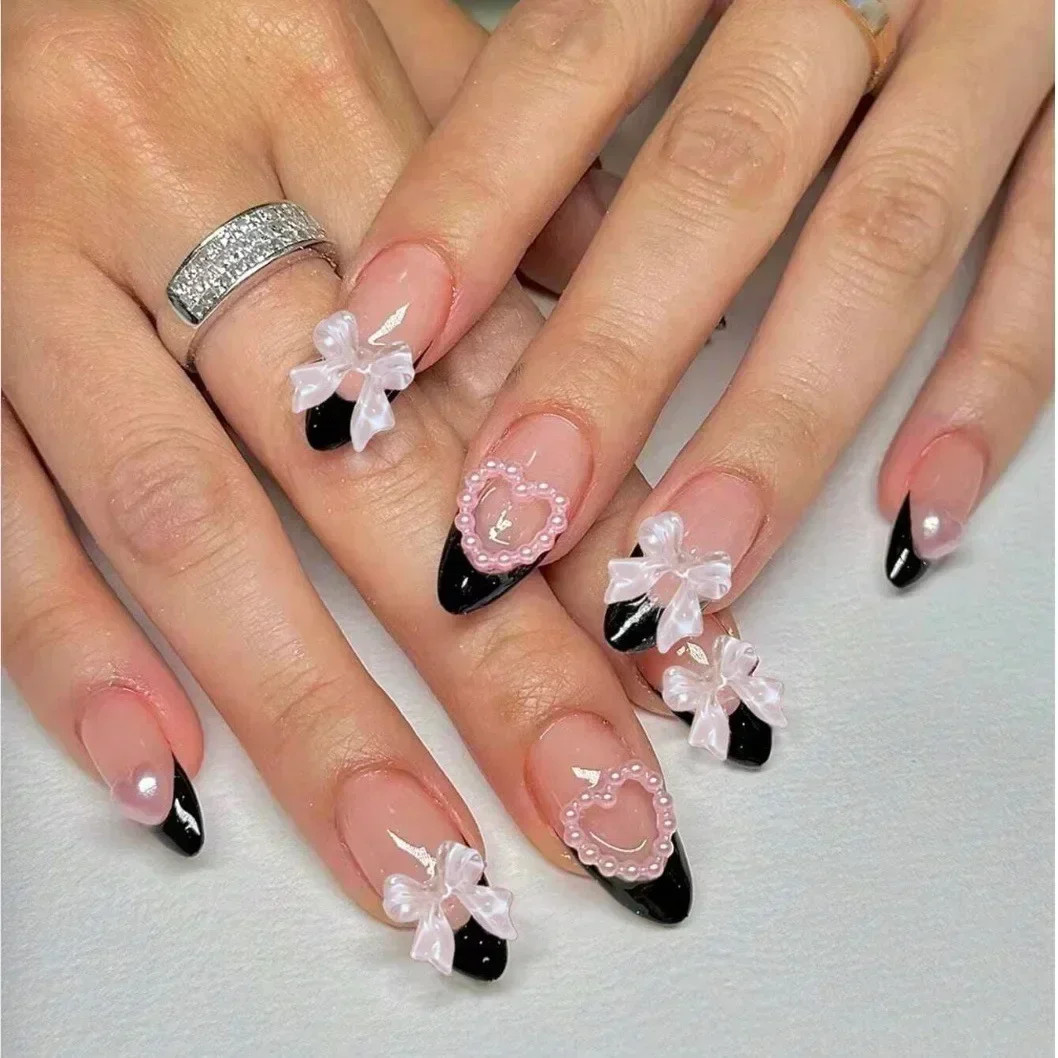 24pcs French Almond Press on Nails Leopard Print 3D Bow False Nails Fake Nails