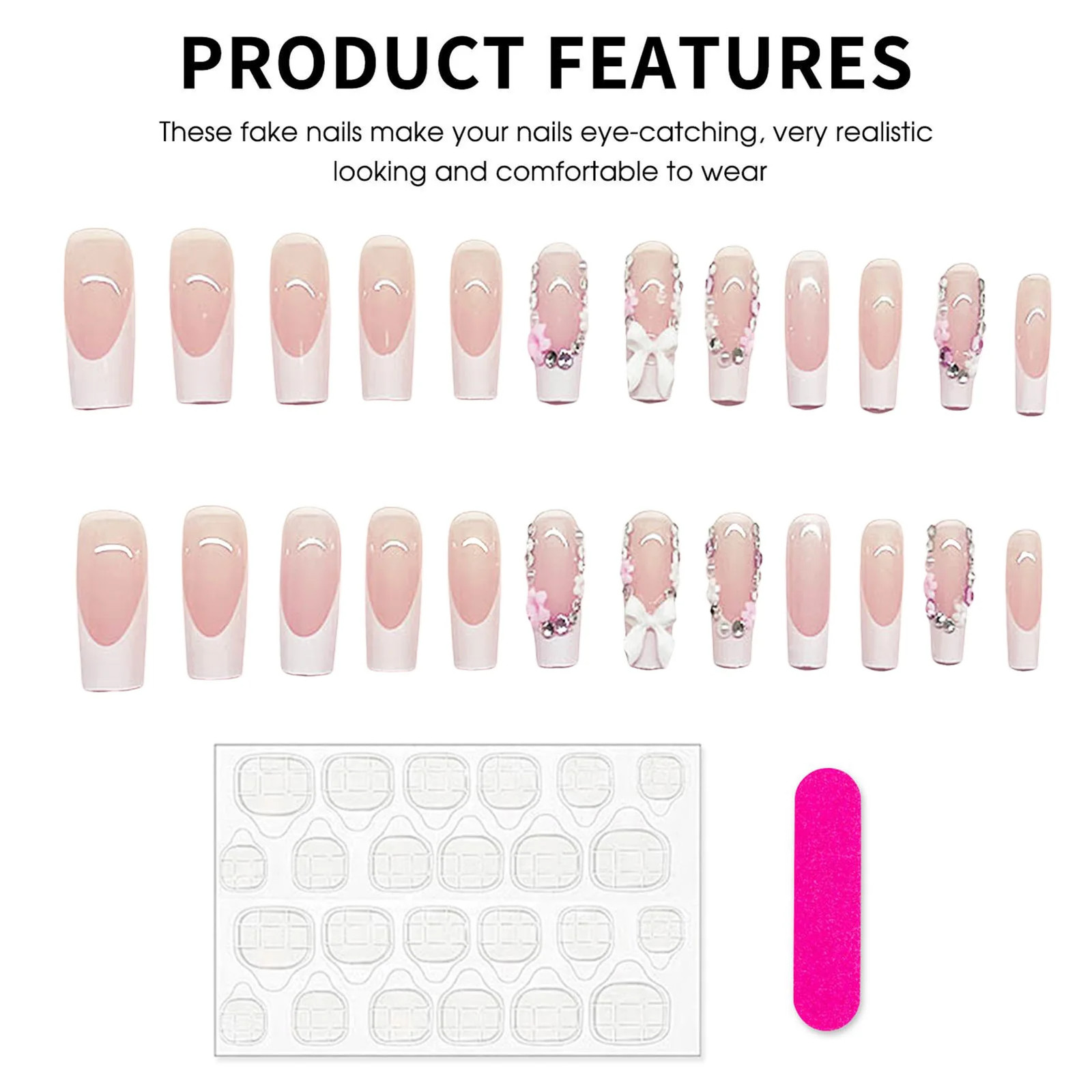 24Pcs White French Rhinestone Pearl Wedding Press On Nails