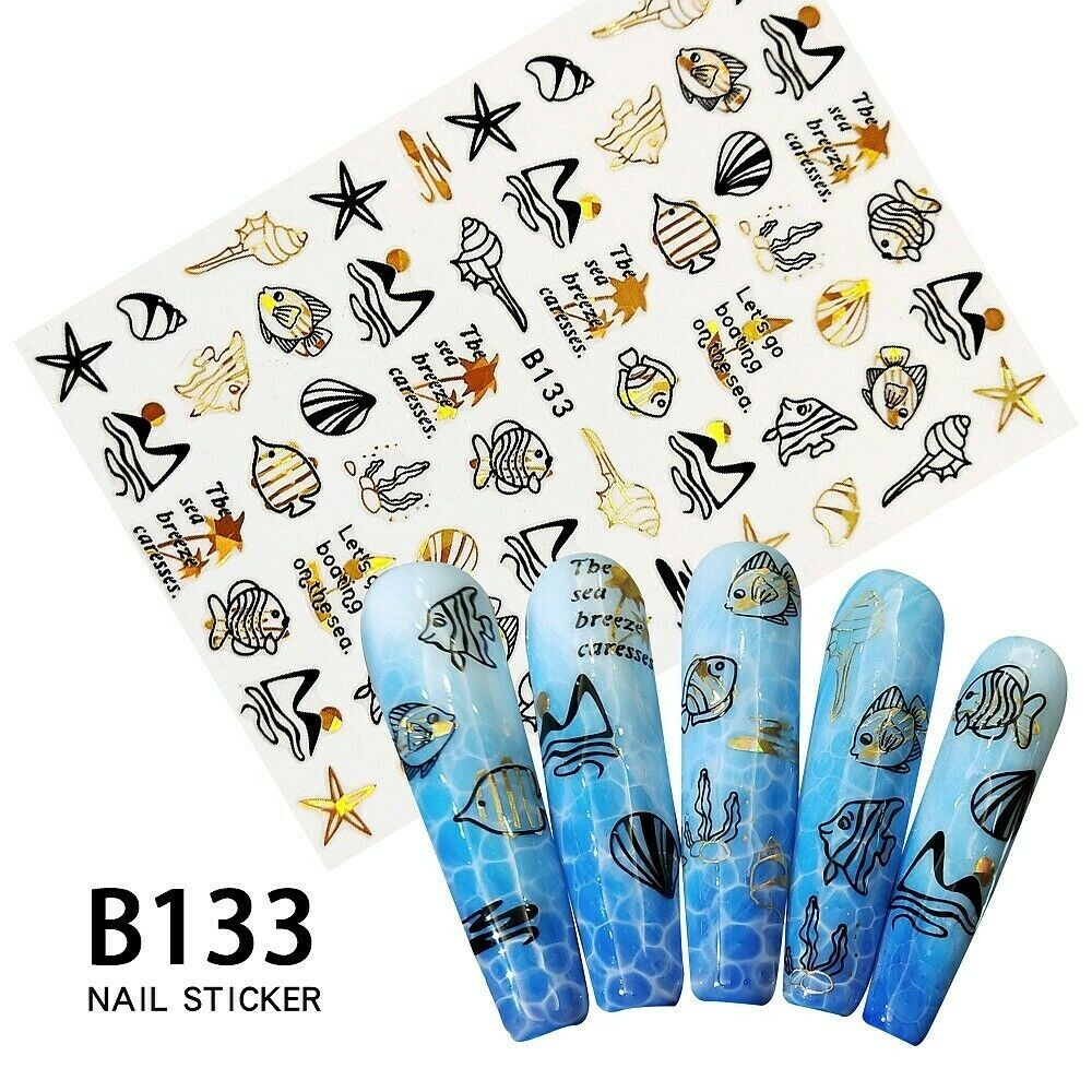 3D Sea Star Turtle Shell Oceans Day Boat Anchor Helm Palm Leaf Nail Sticker NS33