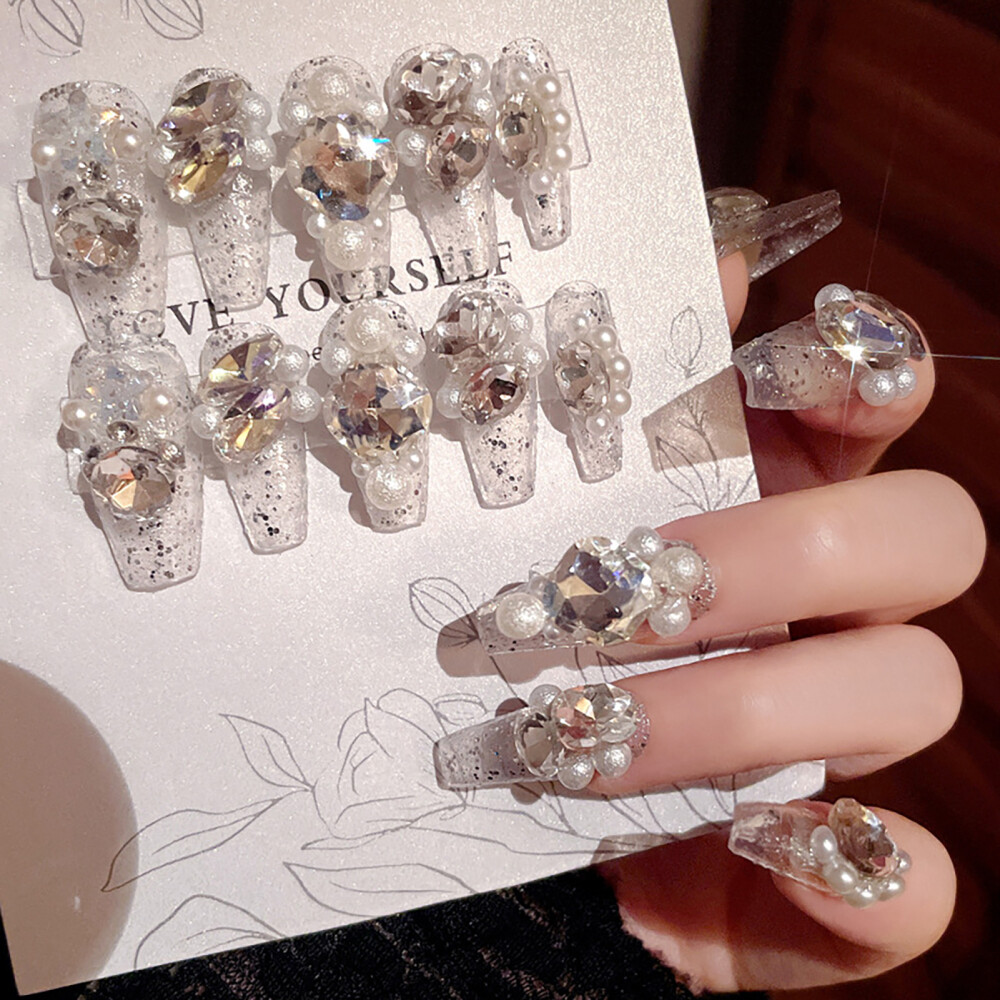 Diamonds Press on Nail Pearl Glitter Sparkling False Nail Tips Sliver Nail Patch