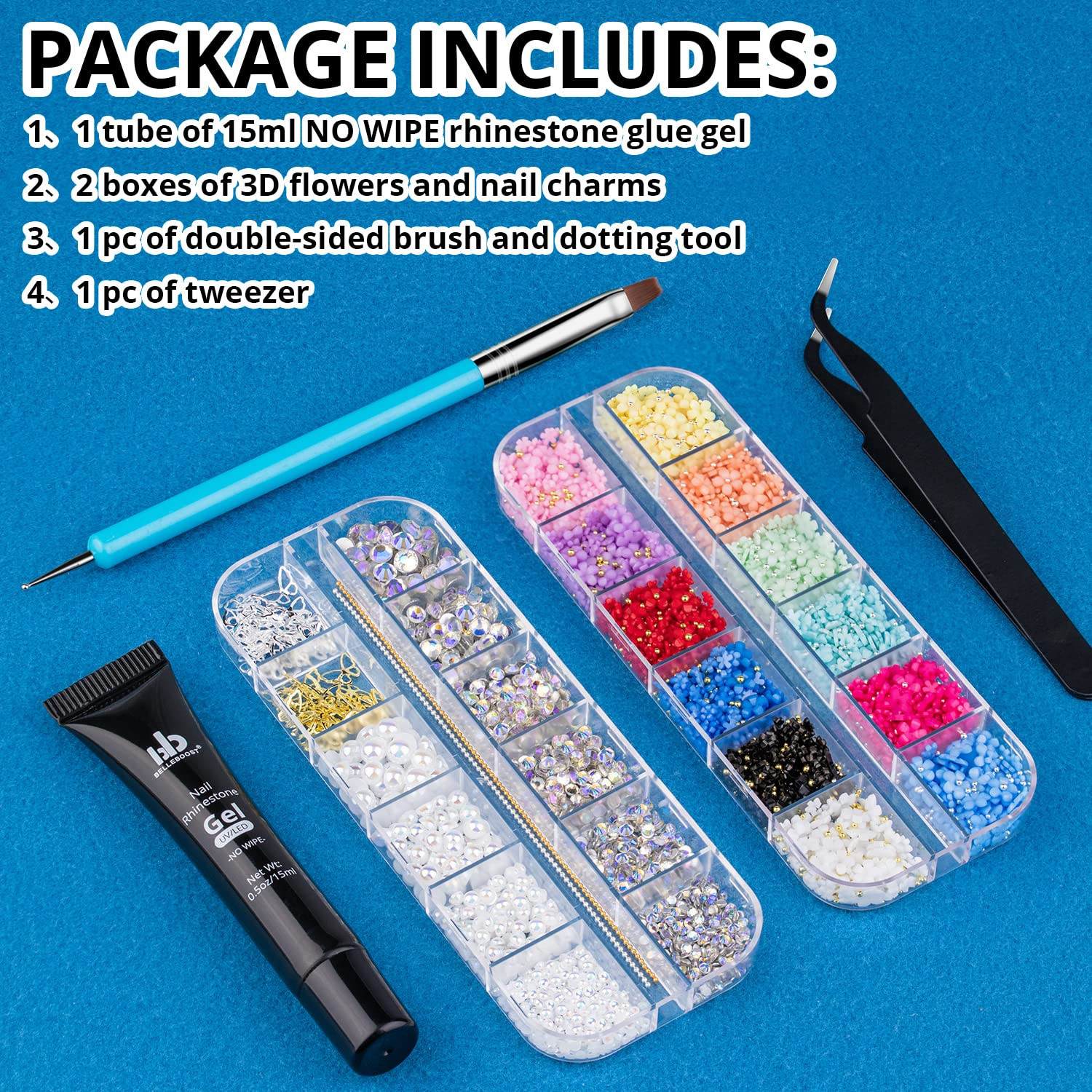 Kit Unas Gel Pegamento Strass 15ml con 2 Cajas Accesorios 3D Decoracion