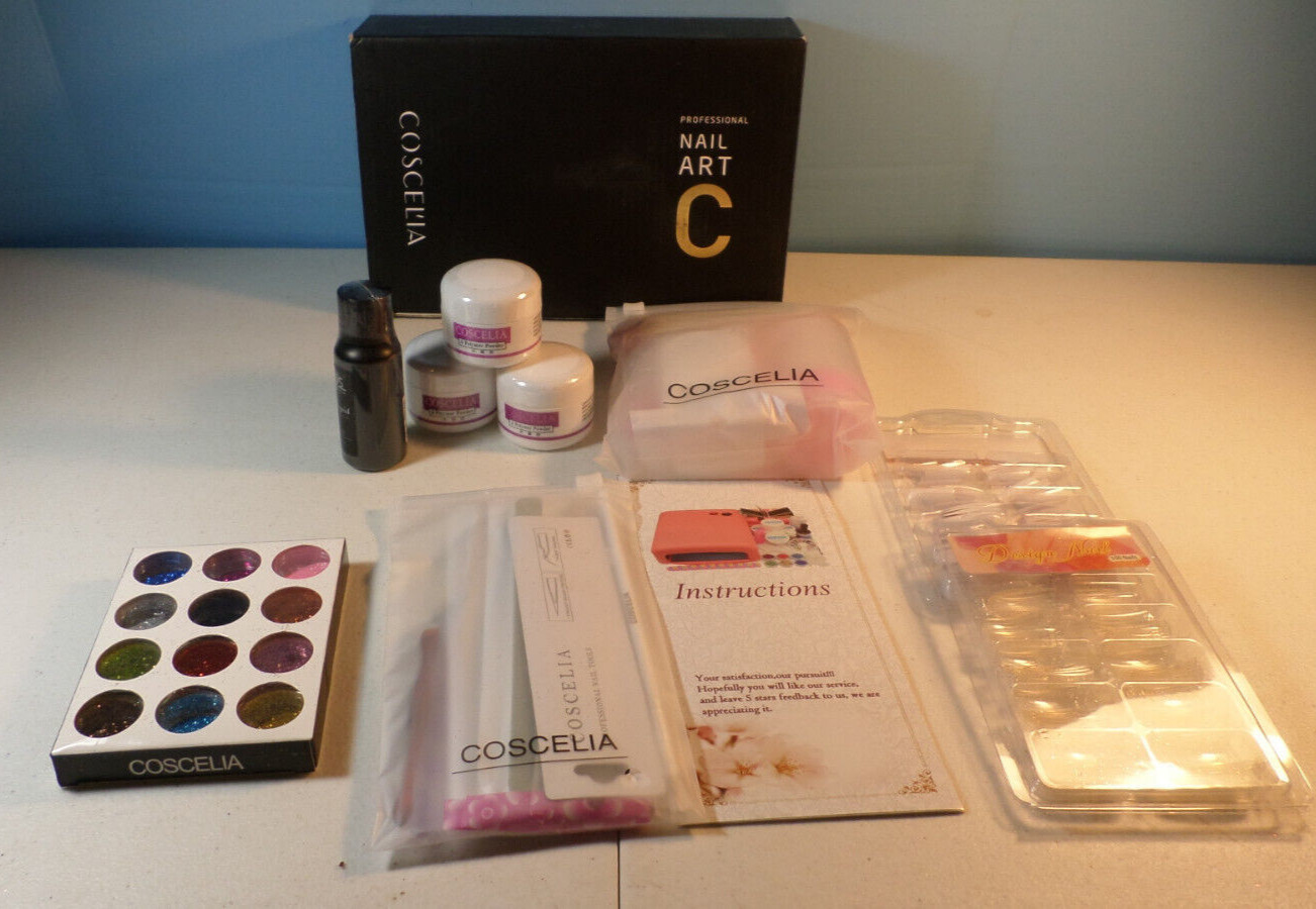 Coscel’ia Professional Nail Art Kit ~ 200 Nails~Glitter~Nail Glue~ Complete ~New
