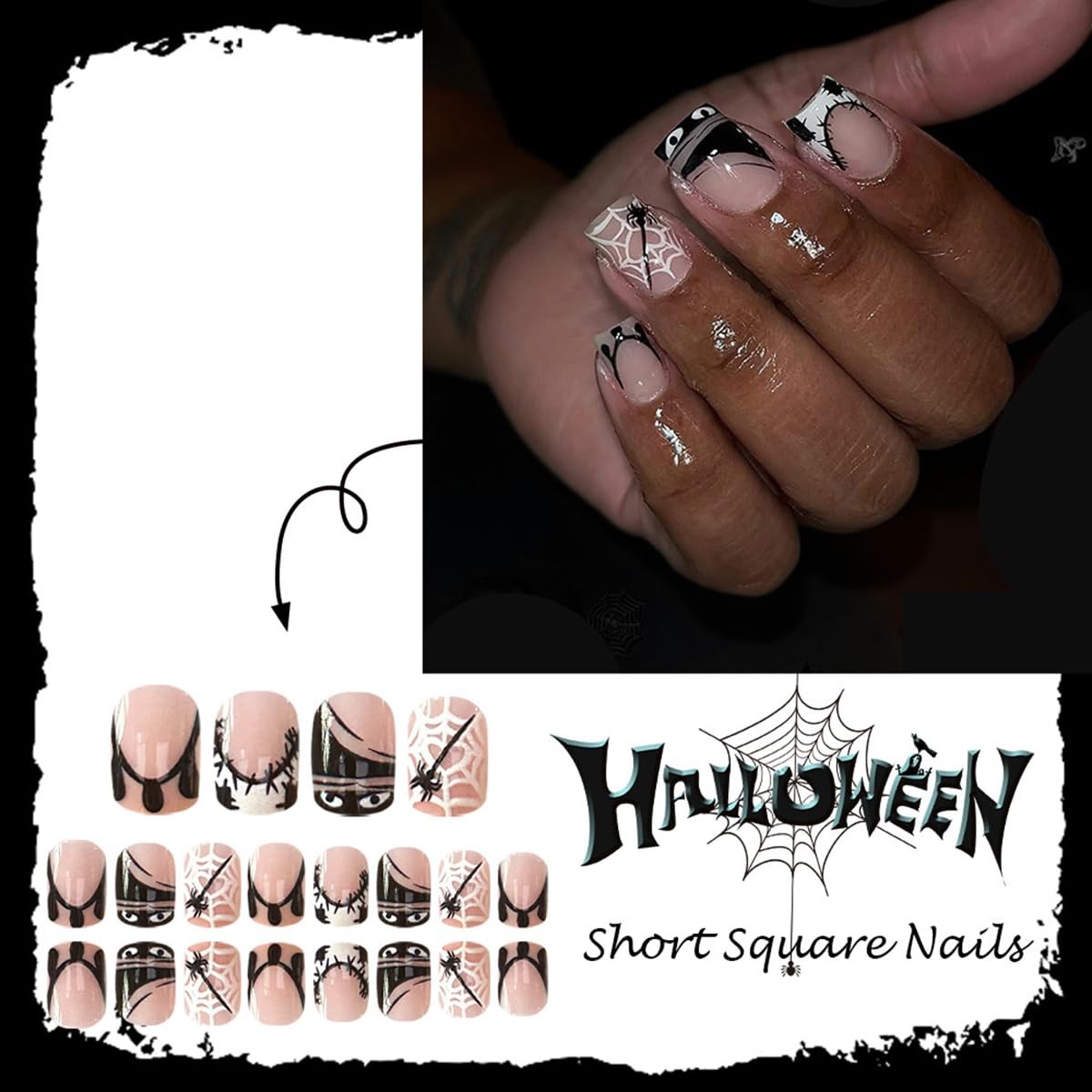 24Pcs Halloween Press on Nails Short Square Black Eye French Fake Nails Cute …
