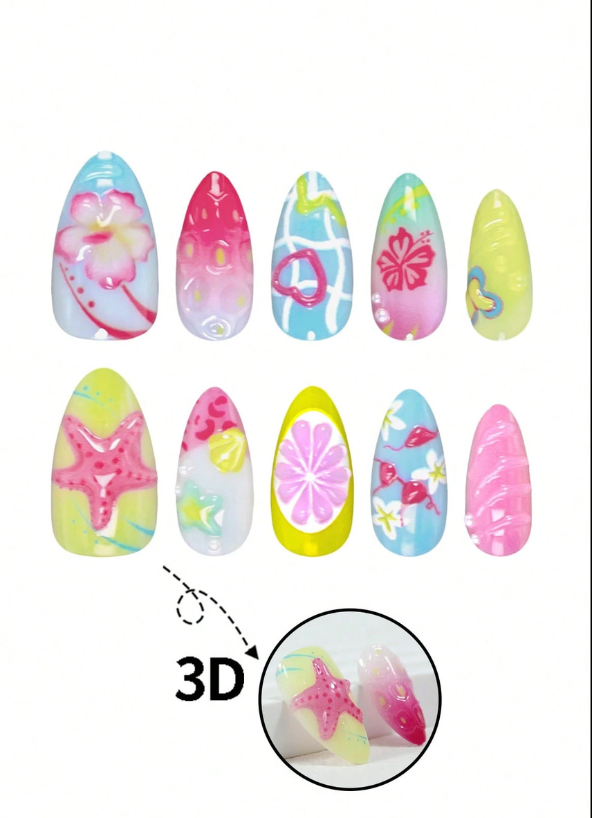Multicolor Beach Lemon Starfish Bikini Butterfly Press On Nails NEW Summer trend