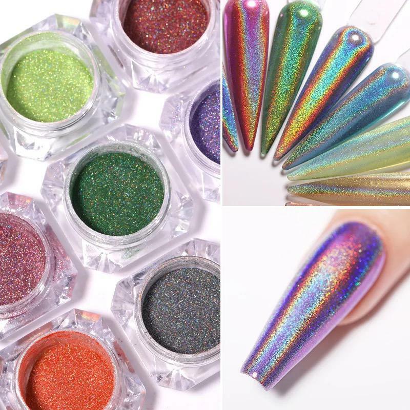 HOLOGRAPHIC UNICORN NAIL POWDER CHROME SHIMMER 12 COLOURS MIRROR GLITTER PIGMENT