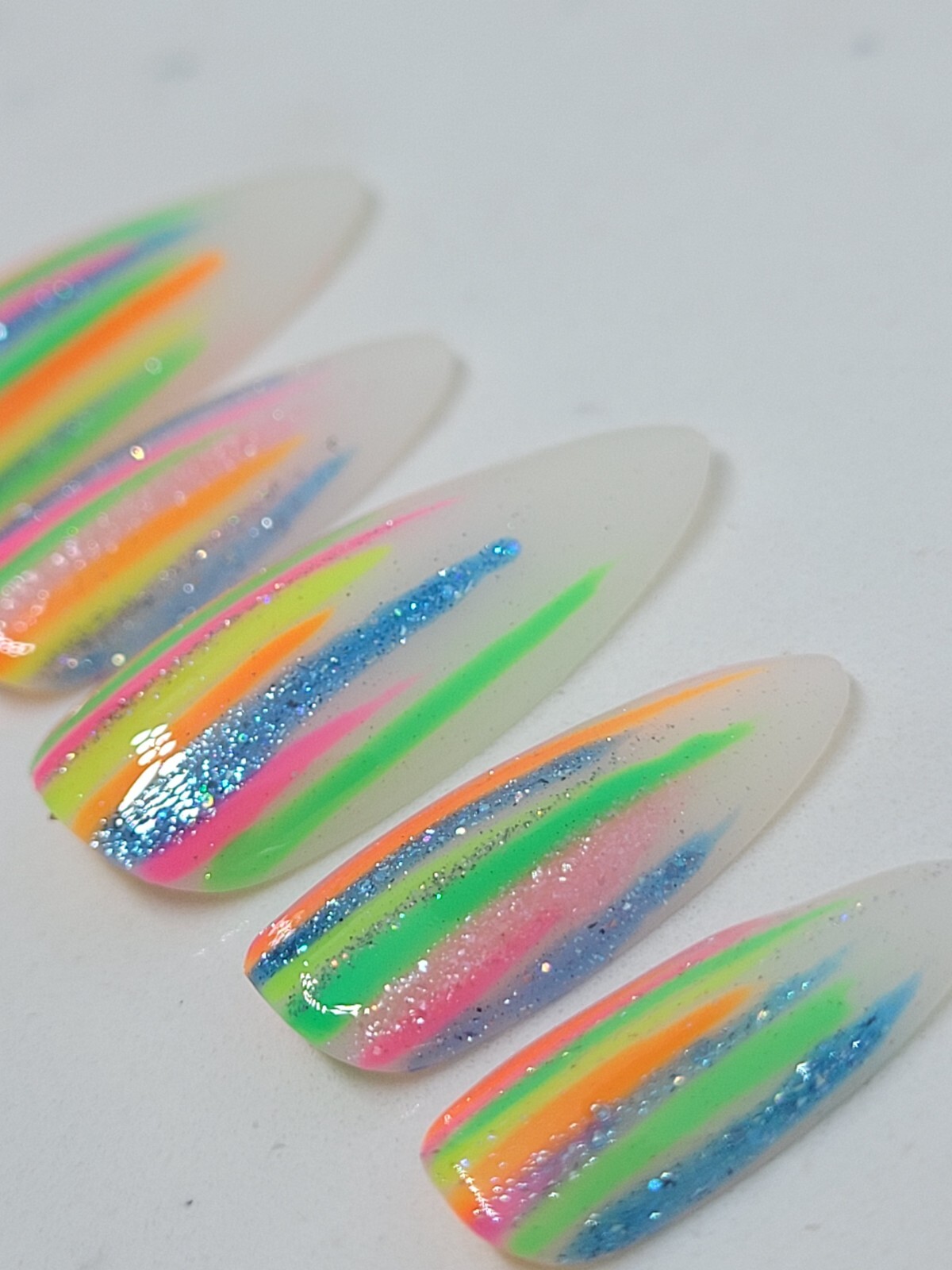 Custom Gel Press on Nails Handmade 10 pc set SMALL neon rainbow stripes glitter