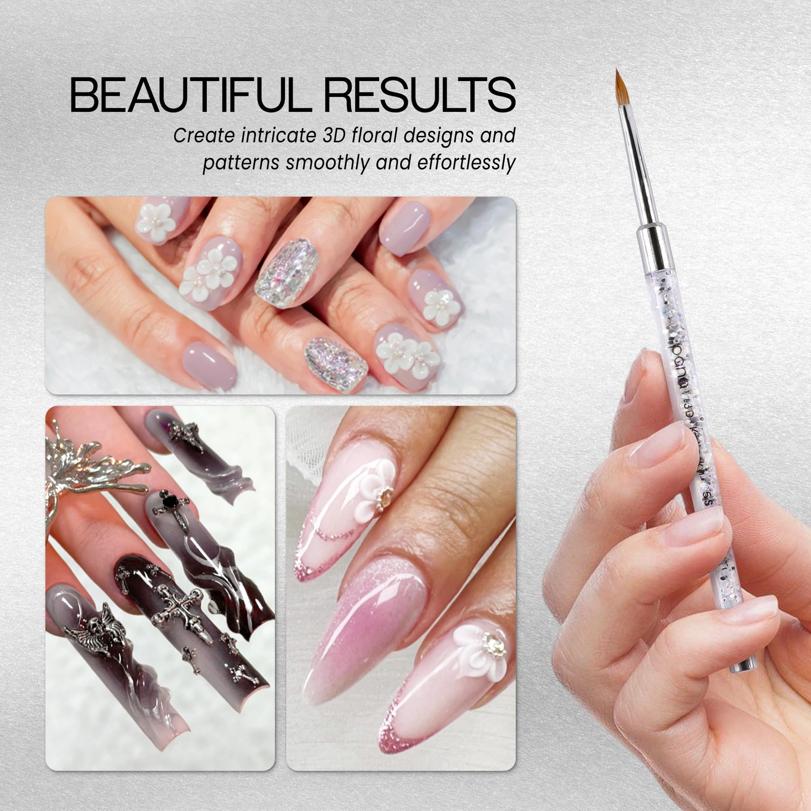 Glitter Silver 3D Nail Art Brush Size 5 Kolinsky Bristles for Detailing