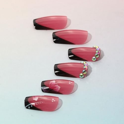 24Pcs Black French Tip Press on Nails Medium Square Flower Nails Medium-30