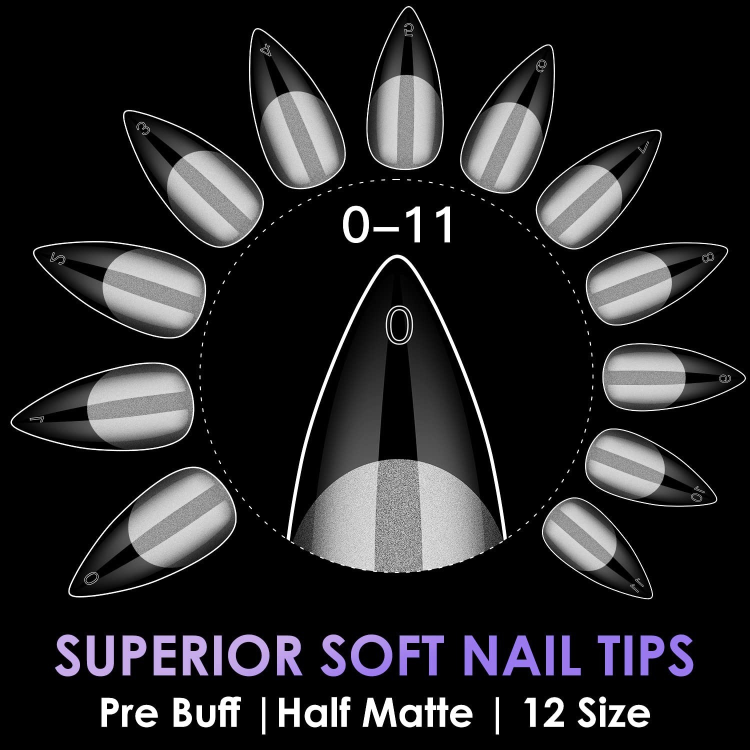 Medium Stiletto Soft 600PCS Pre Buff Full Cover Half Matte Gel Nail Tips