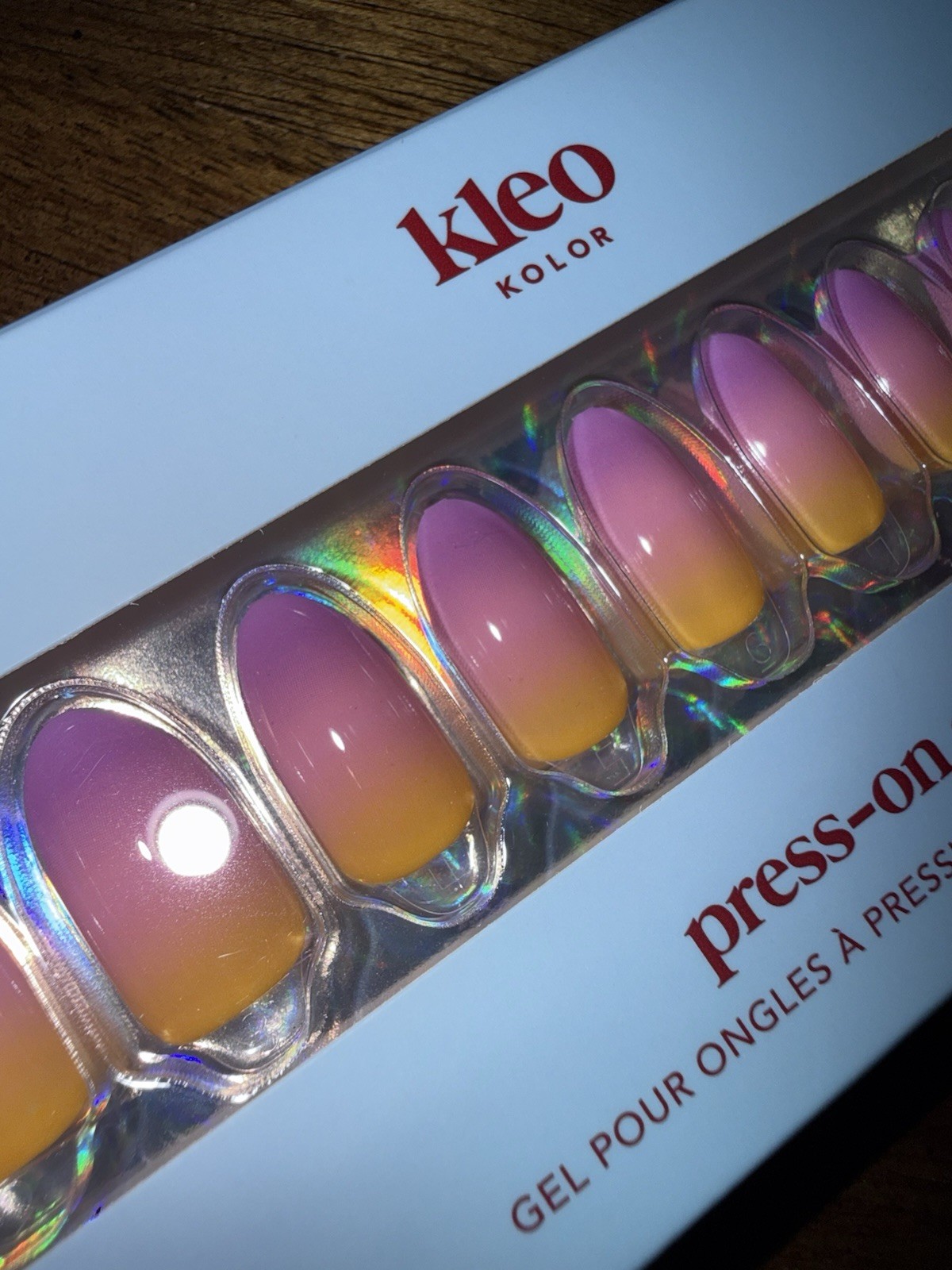New Kleo Kolor Press-On Gel Nails – Long Almond Abstract Sunset