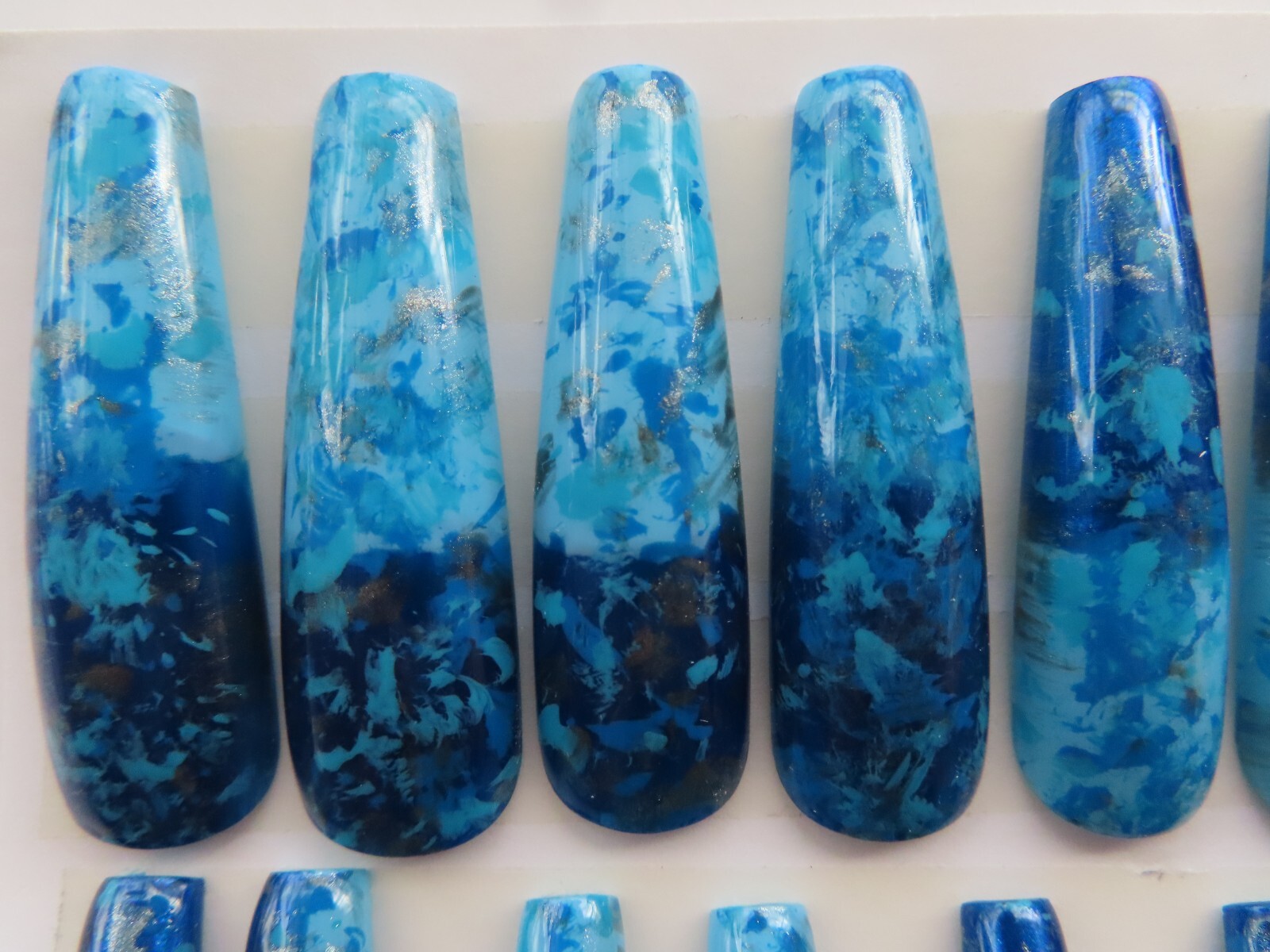 XL Light & Dark Blue Silver Splatter Square Coffin Press On Nails (20)