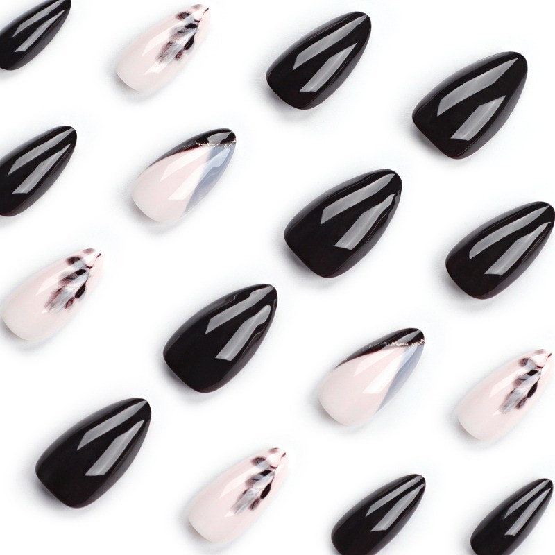 48Pcs-Black Nude Gold Line Press on Nails Glossy Long Almond Nail Art Set