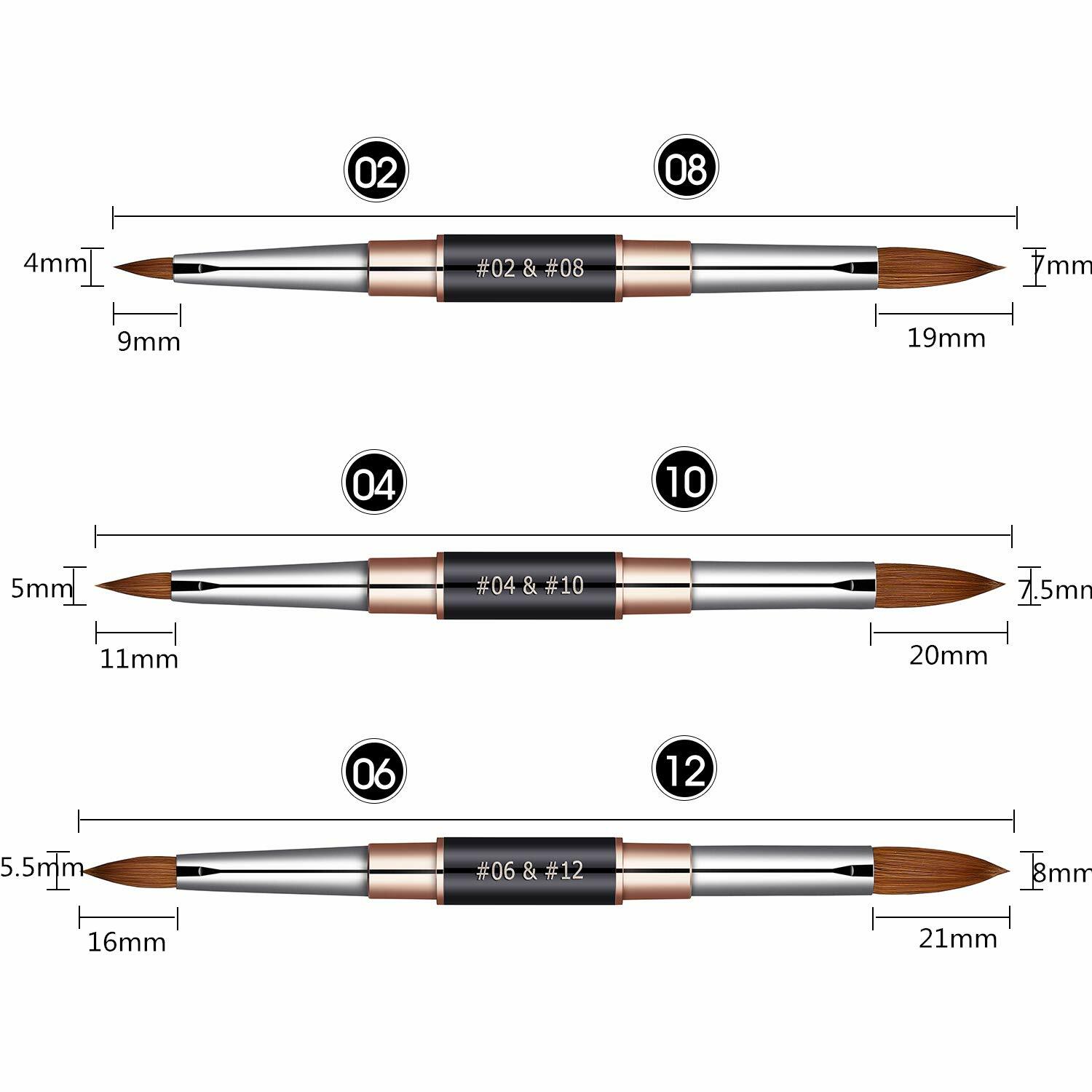 100% Kolinsky Acrylic Nail Brush 2-Head Dual-tip Size 2/8, 4/10, 6/12 Crimped