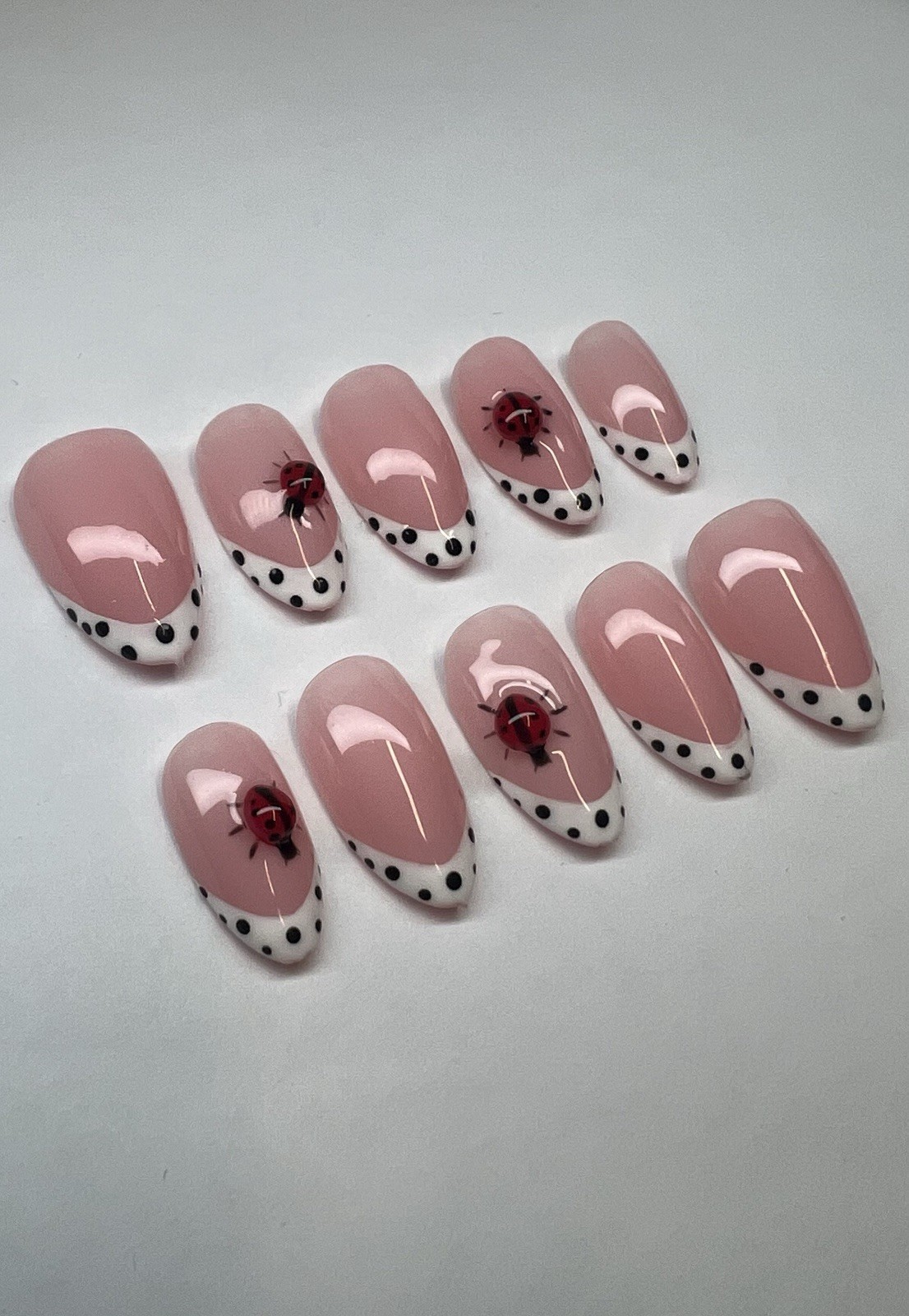 Divanailz Pink Black 3D Almond Medium Press-On Nails Ladybug Polka Dot, Glue, A…