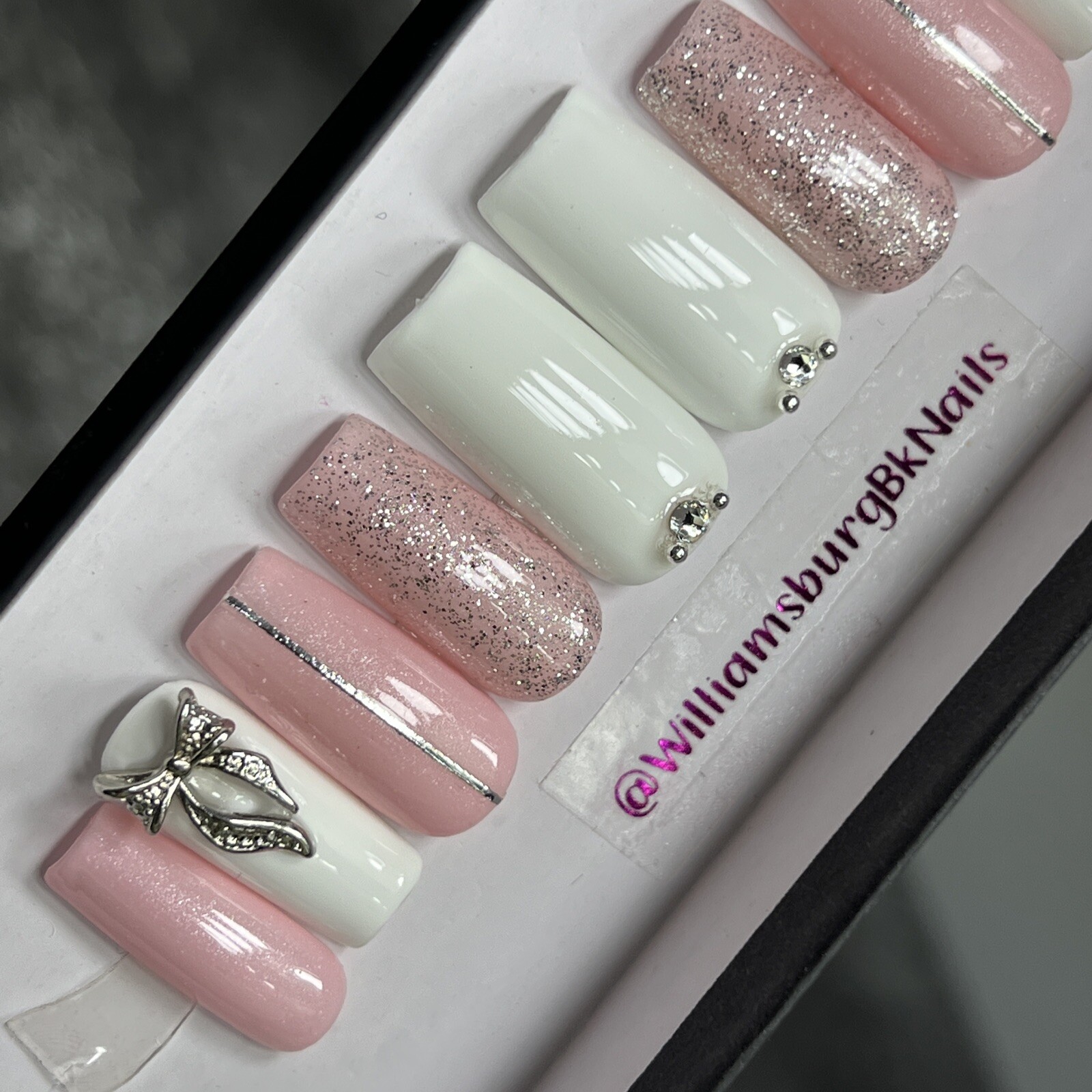 🎀 CUSTOM Gel Press On Nails, Pink BOW W/ Bling 10p set FULL SET W Kit
