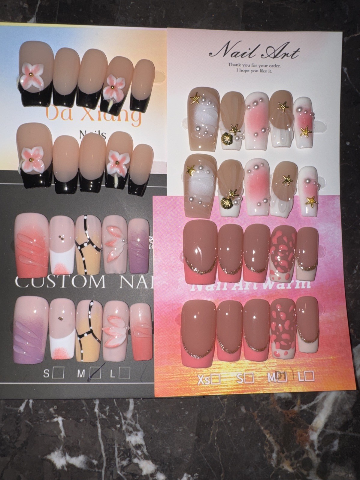Handmade Medium Square Press On Nails Medium 3D Flower French Tip Variety Bundle