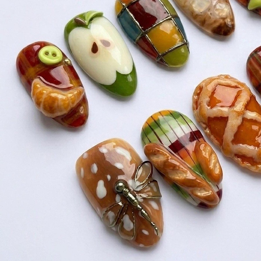 Dessert Handmade Press on Nails Apple Plaid Button Cartoon Gloss Fake Nails