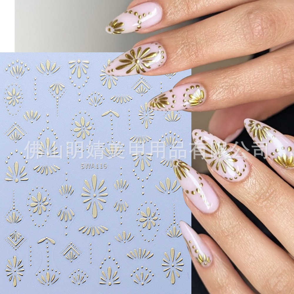 3 Sheets Bohemian Style Nail Stickers Gold Silver Blue Flower Petals Line NH28