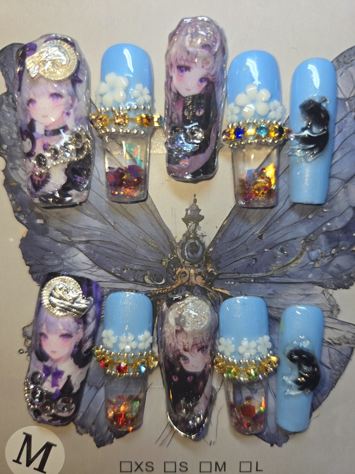 Press On Nails Handmade Medium Short Medium Anime, Lady, Blue,water Aqua Nails