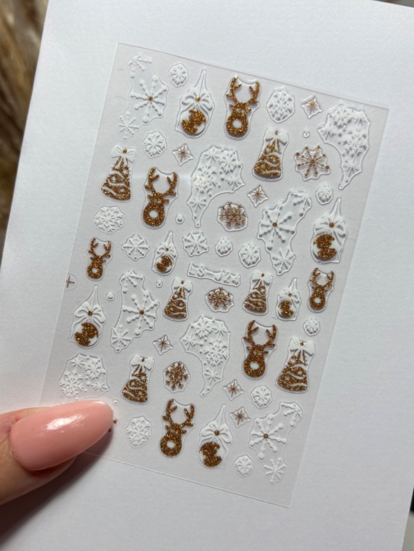 Gold Reindeer, White Snowflakes, Nail Stickers, Self- Adhesive, Nail Art- LS-J24