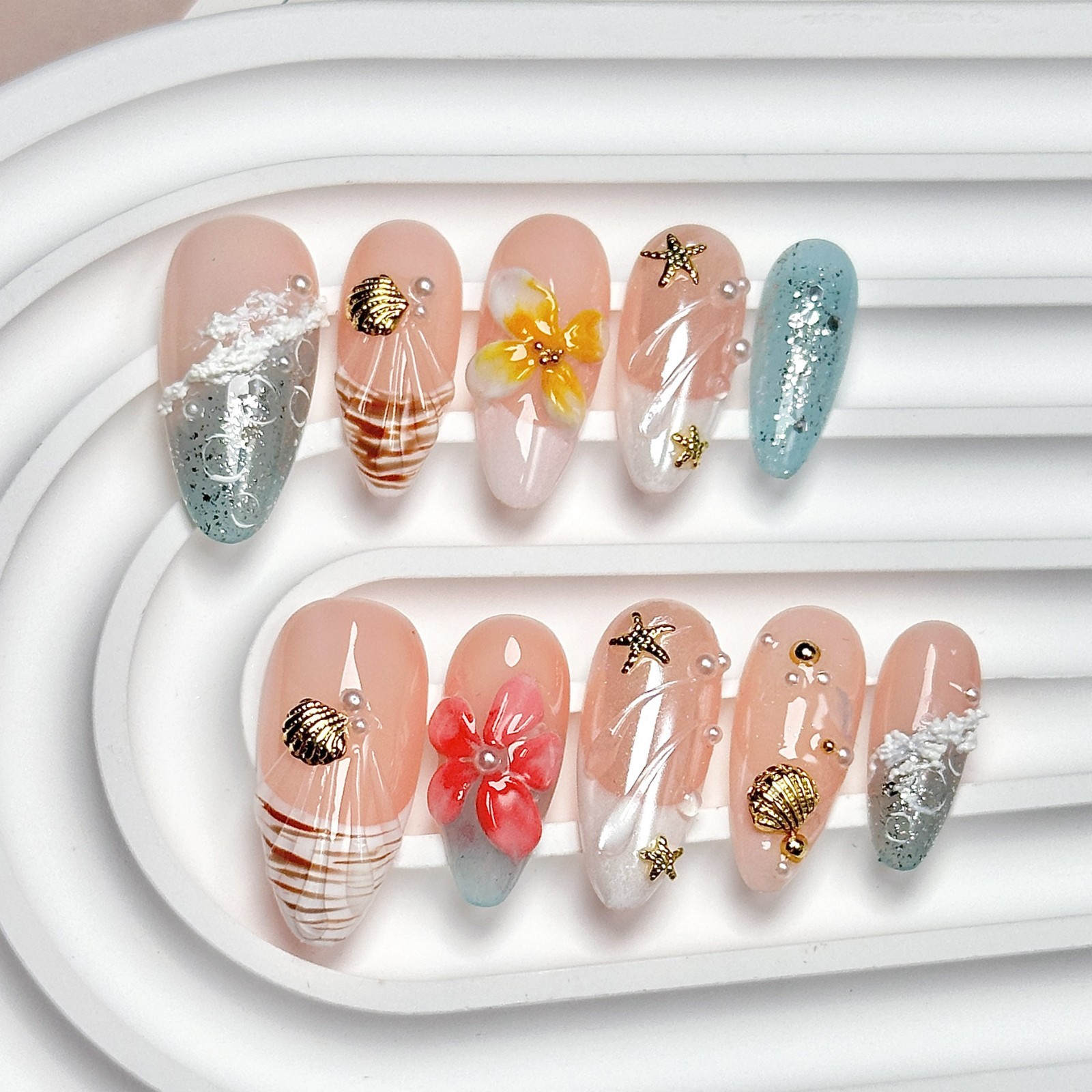 Handmade 10pcs Ocean Beach Summer Press On Nail in Almond Shape, Nail Size S/M/L