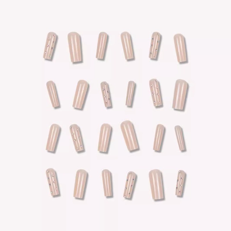 48pcs-Simple Nude Press on Nail, Extra Long Coffin with Scattered Clear Crystals
