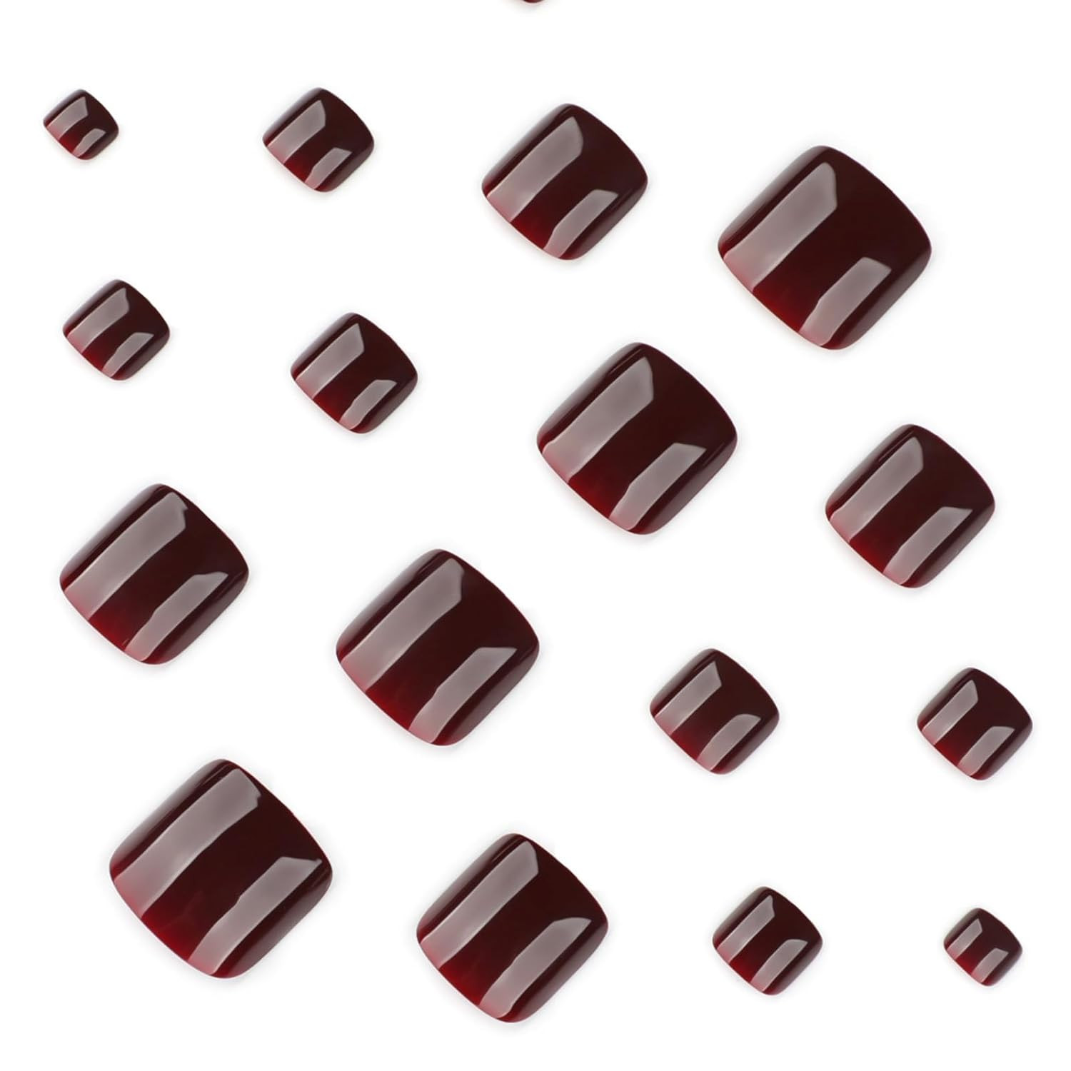 Glossy Dark Red Press-On Toenails – Short Square Full Cover, 24 Pcs