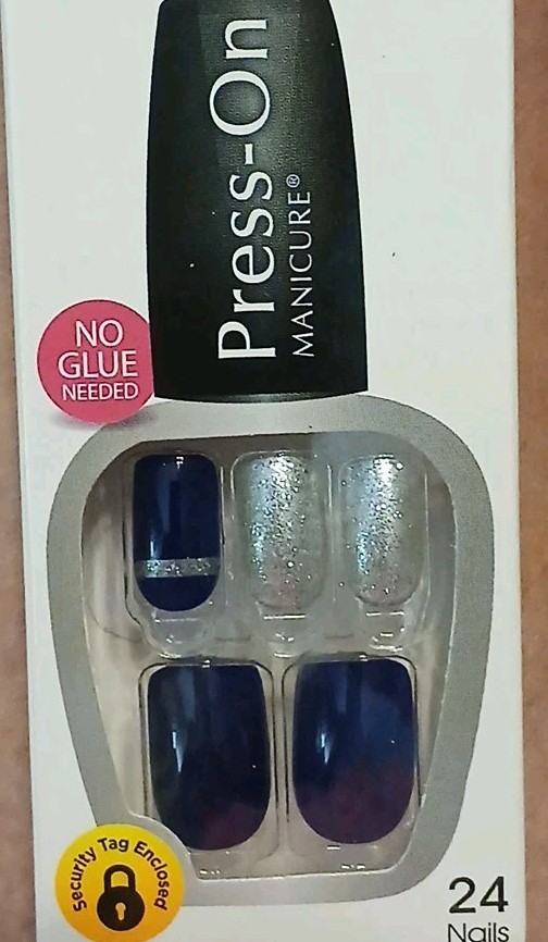 Kiss Press-On Manicure 24 Medium Square Tip Nails Royal Blue Silver Glitter
