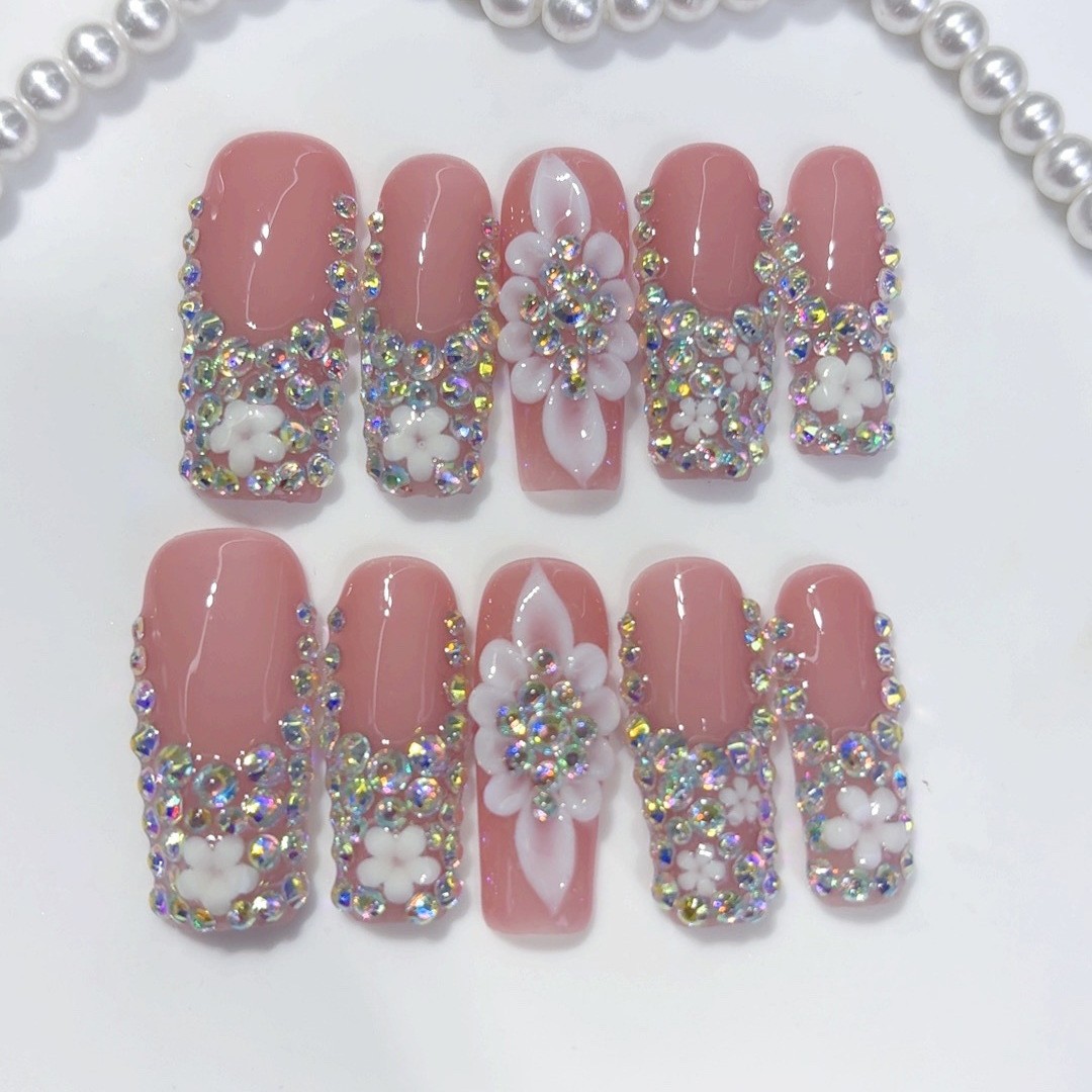 10Pcs Handmade Rhinestone 3D Carved Press On Nails Party Daily Nails