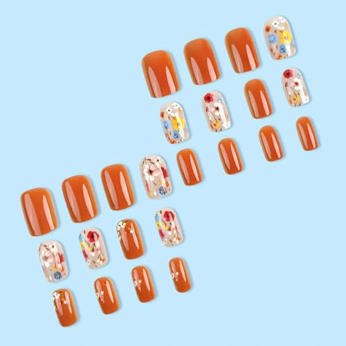 Short Spring Fake Nails Square Flower Press on Nails – SINSEN 24Pcs False