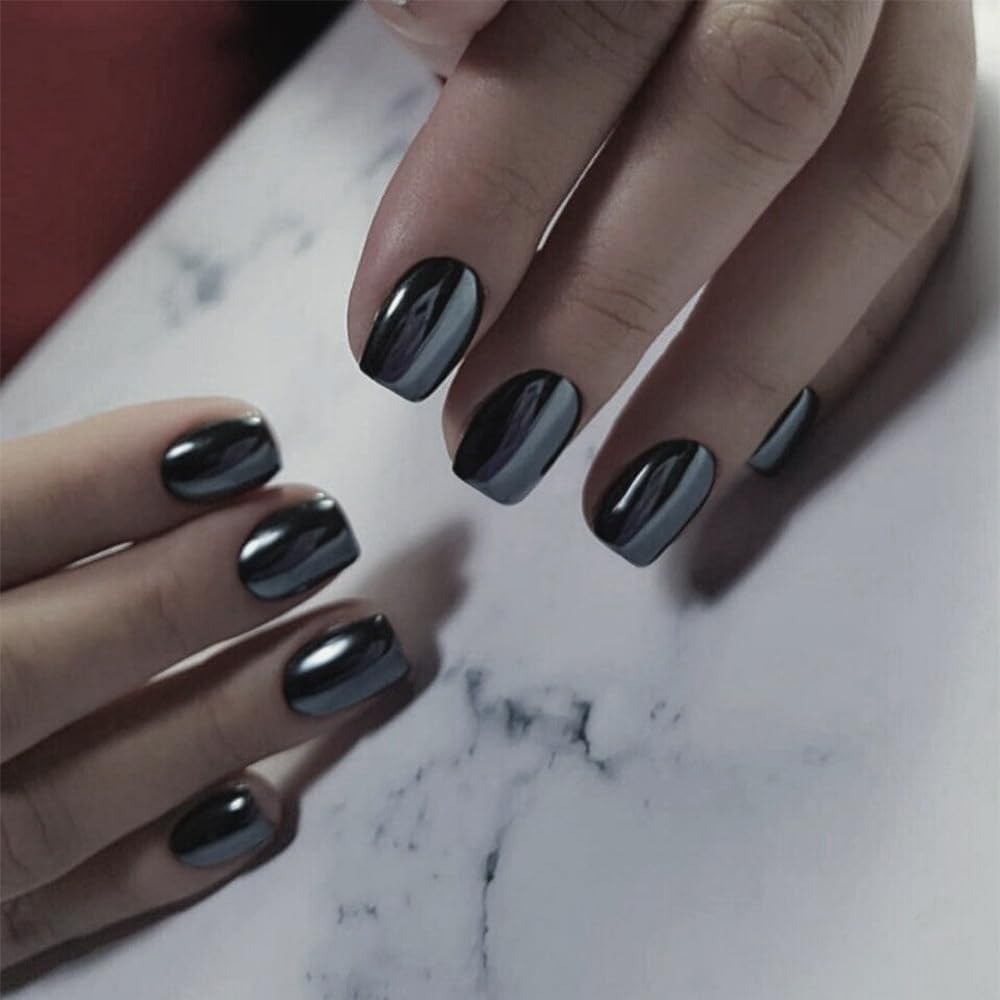Mirror Metal Black Press on Nails Short Square, Chrome Glazed square black