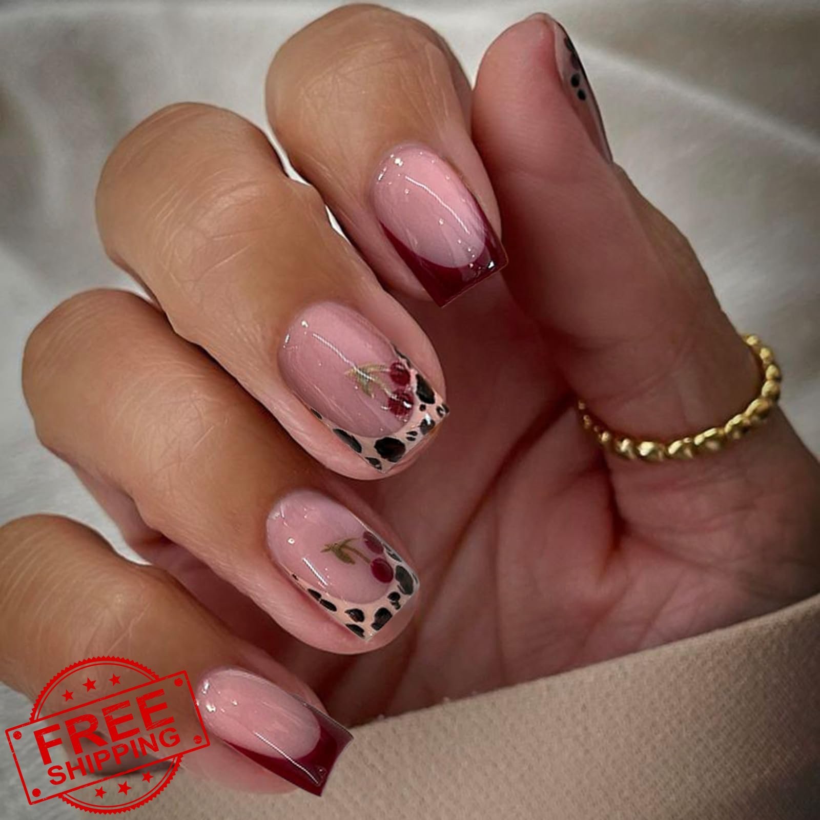 SEMATA Red French Tip Press on Nails Short Square Cherry Leopard