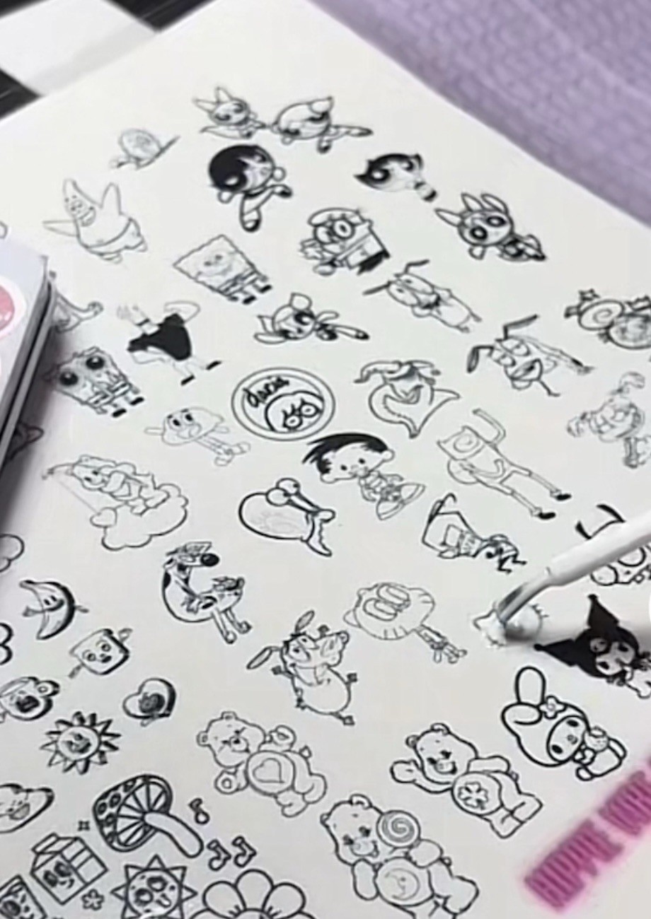 Cartoon nail art practice sheet reusable mat decal sticker template Planilha