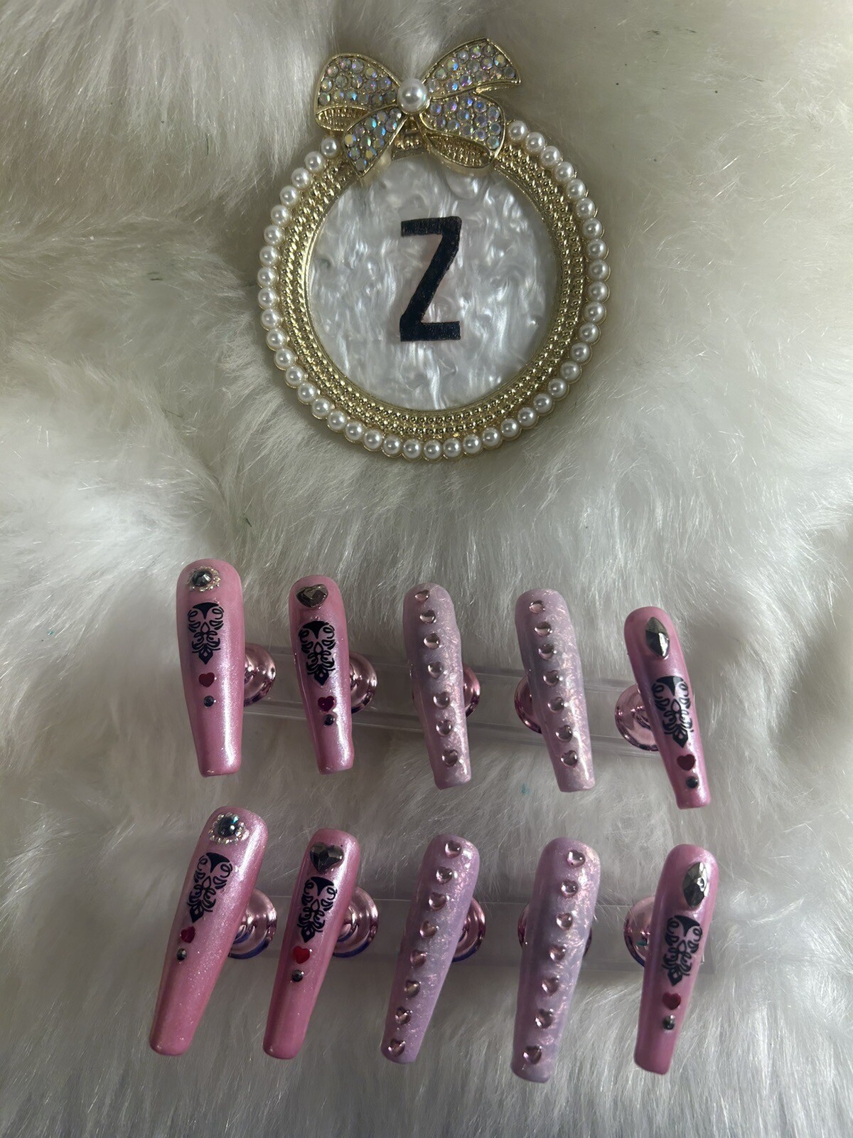 Z NAILZ! 10 Pc Handmade Set 2XL Coffin Pink W/heart Stones Shiny Press On Nails